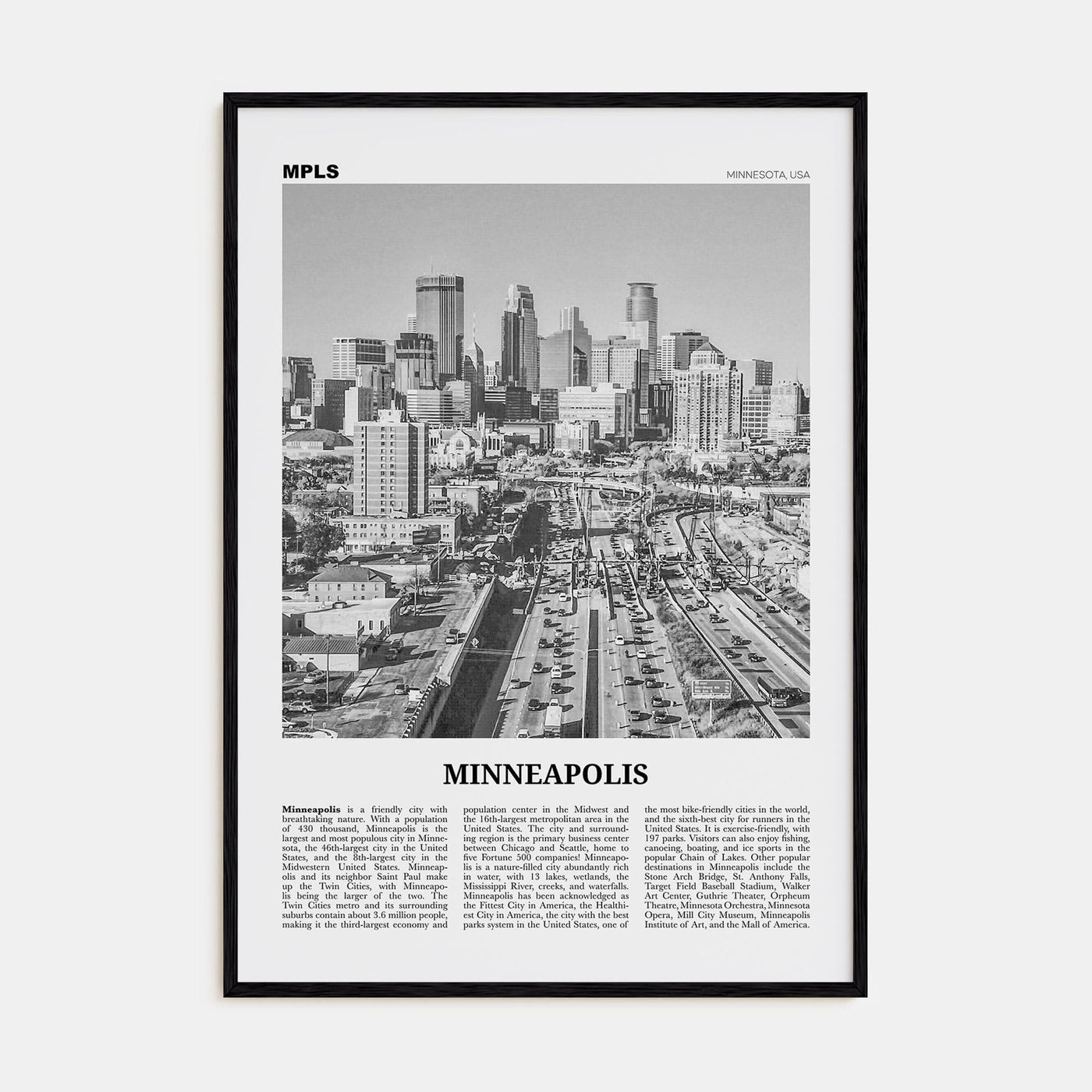 Minneapolis No 2 Poster Black Wood / 8x12 in Nbourhood Travel B&W Poster