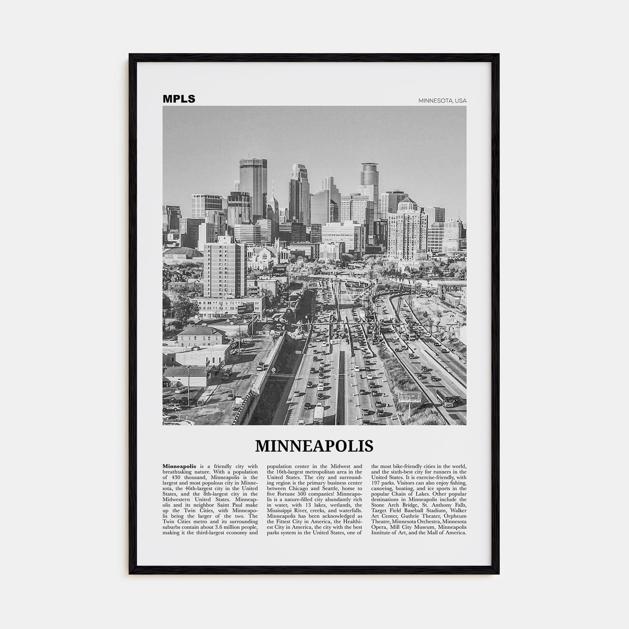 Minneapolis No 2 Poster Black Wood / 8x12 in Nbourhood Travel B&W Poster