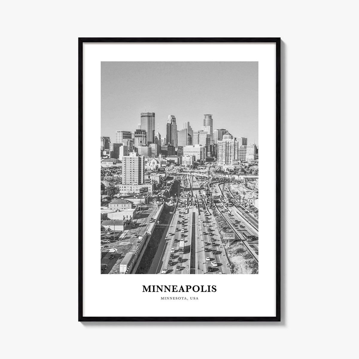 Minneapolis no. 3 black & white classic poster of Minnesota, USA – vertical wall art, unframed print shown in interior mockup