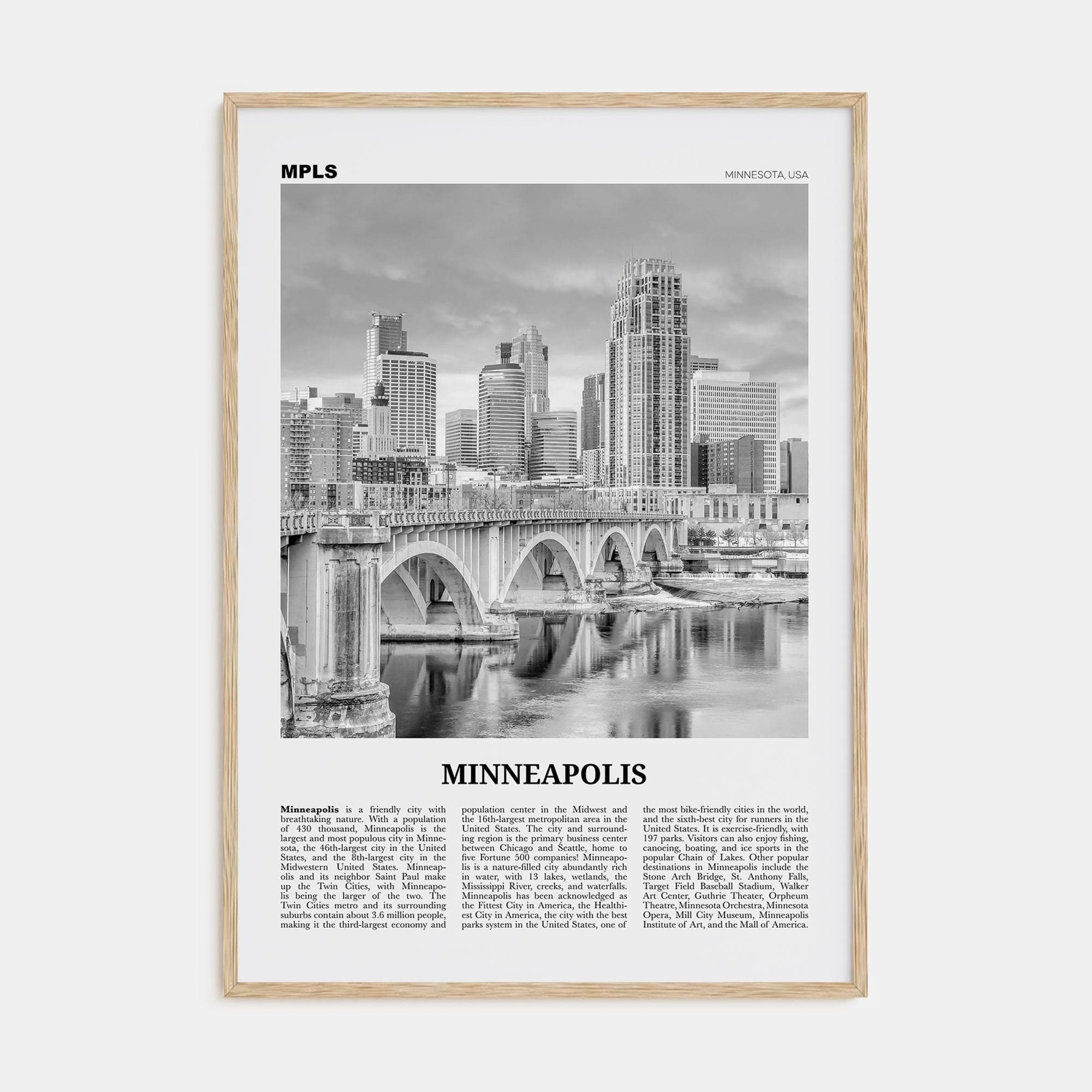 Minneapolis No 3 Poster Natural Wood / 8x12 in Nbourhood Travel B&W Poster