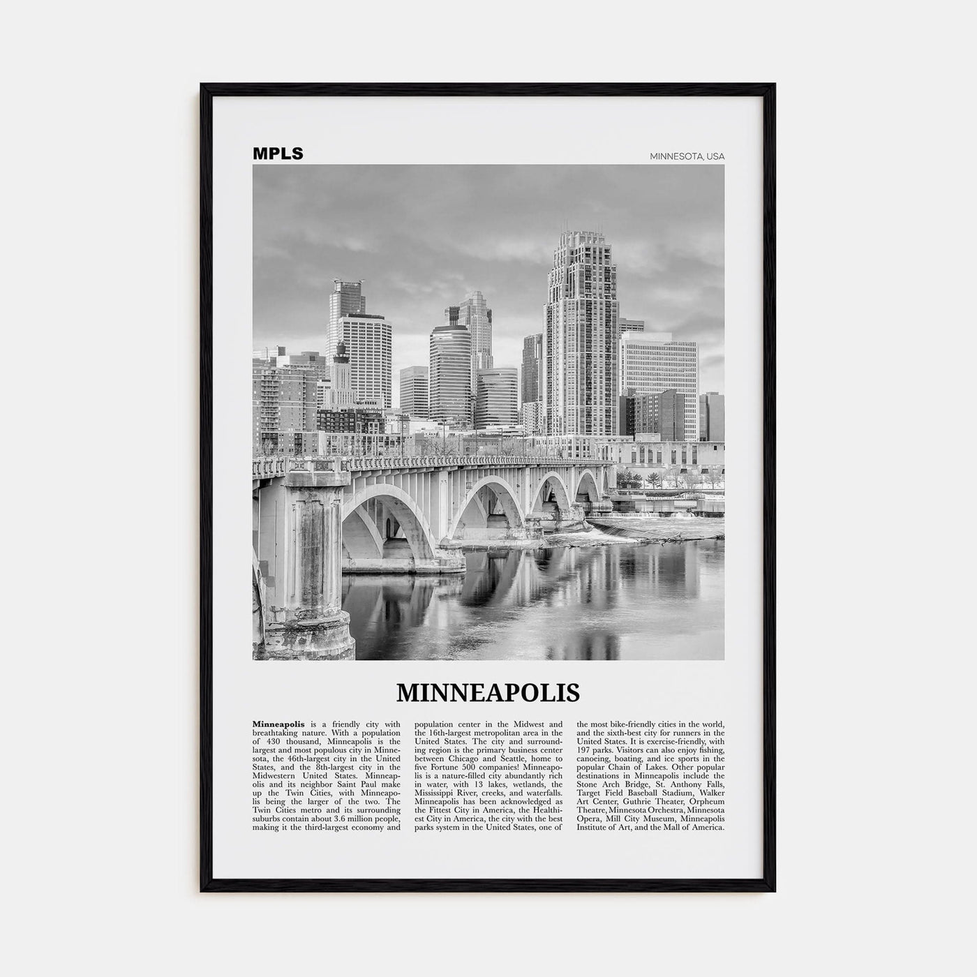 Minneapolis No 3 Poster Black Wood / 8x12 in Nbourhood Travel B&W Poster