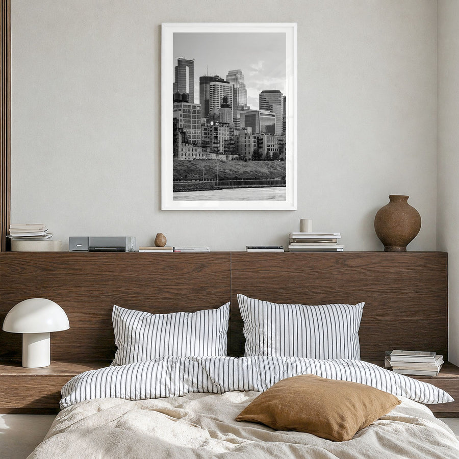 Minneapolis Photo No 1 Poster in a white wood frame, hanging in a bedroom, white border