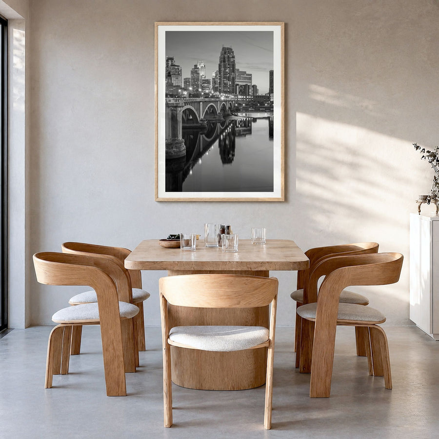 Minneapolis Photo No 2 Poster in a natural wood frame, hanging in a dining room, white border