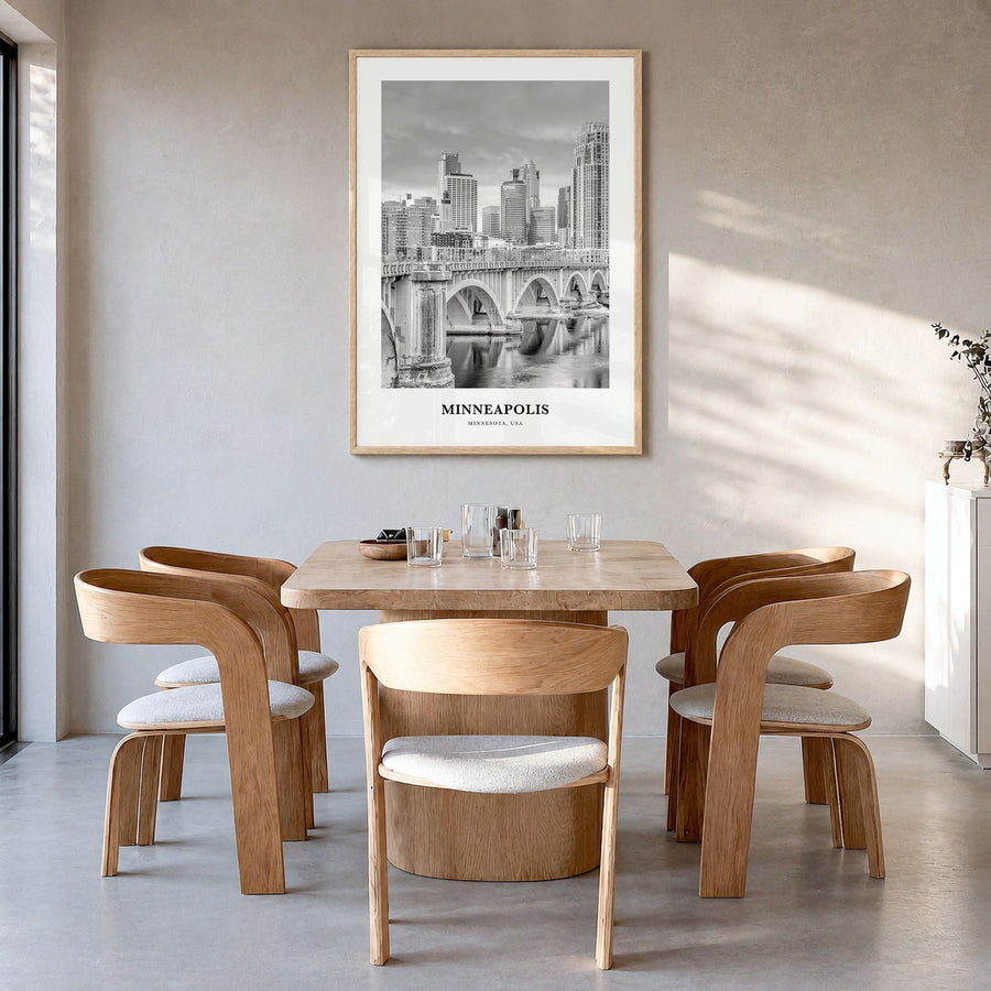 Minneapolis Classic No 1 Poster in a natural wood frame, hanging in a dining room