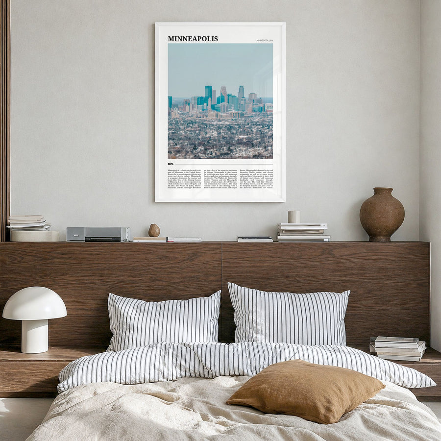 Minneapolis Travel No 1 Poster in a white wood frame, hanging in a bedroom