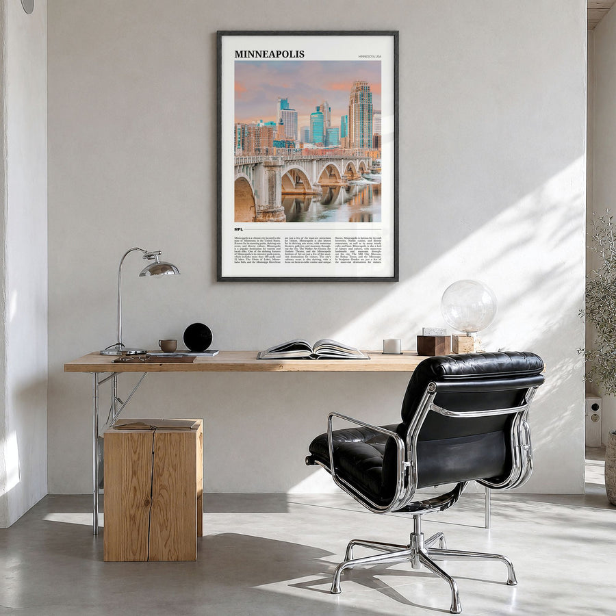 Minneapolis Travel No 2 Poster in a black wood frame, hanging in a bright home office
