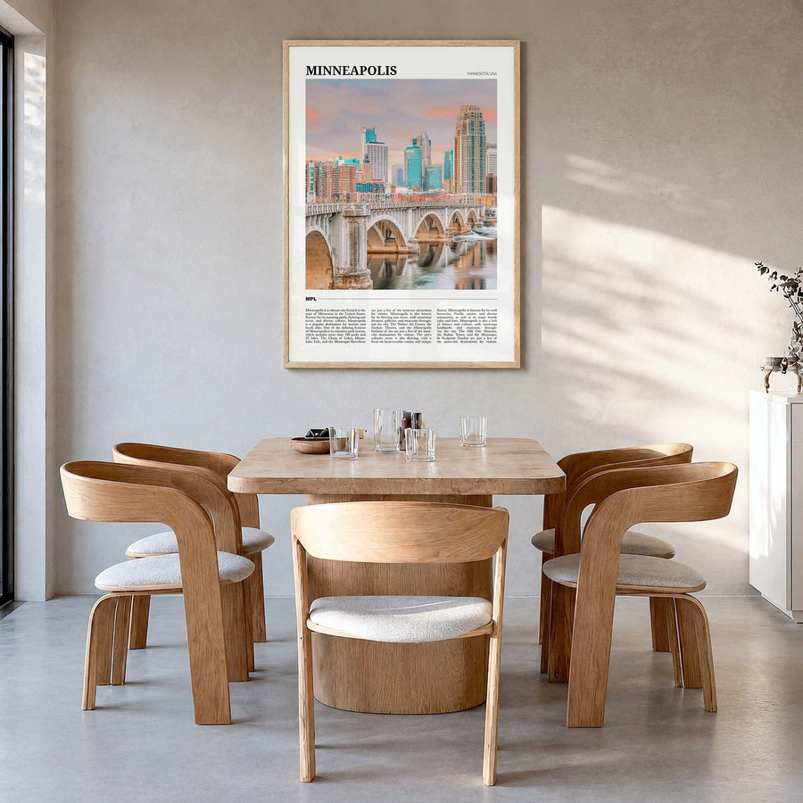 Minneapolis Travel No 2 Poster in a natural wood frame, hanging in a dining room