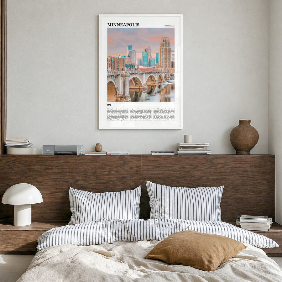 Minneapolis Travel No 2 Poster in a white wood frame, hanging in a bedroom