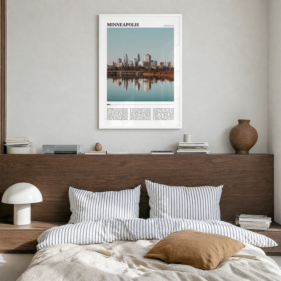 Minneapolis Travel No 3 Poster in a white wood frame, hanging in a bedroom