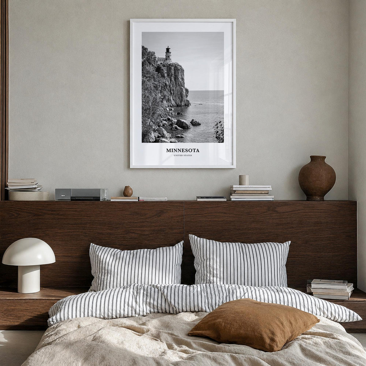 Minnesota black & white classic poster of United States – vertical wall art in white wood frame, hanging on wall