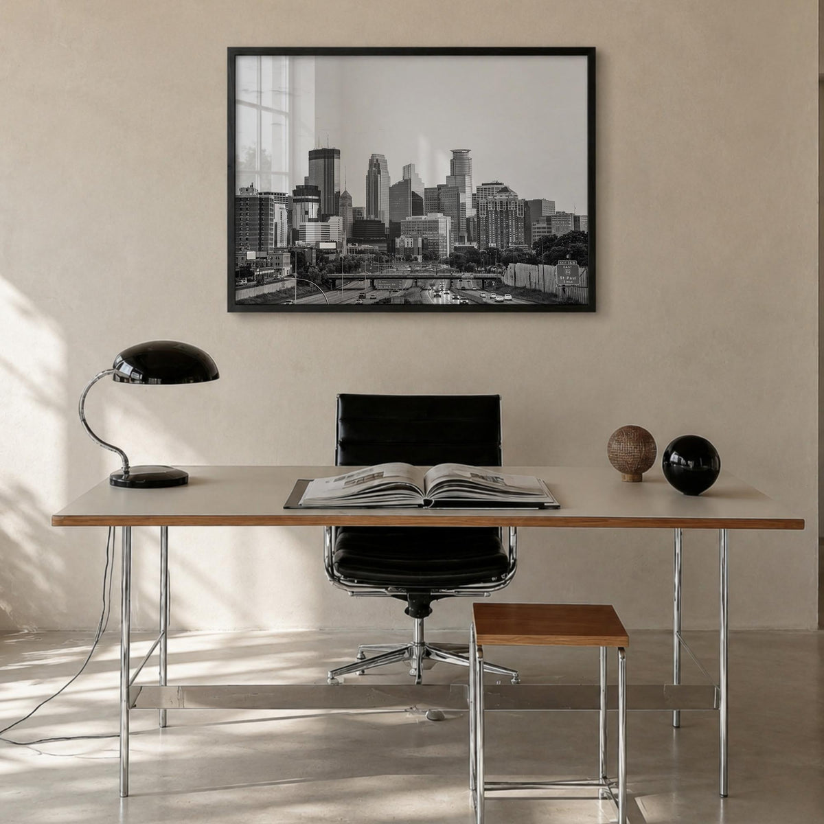 Minnesota black & white photo poster of United States – horizontal wall art in black wood frame, hanging on wall