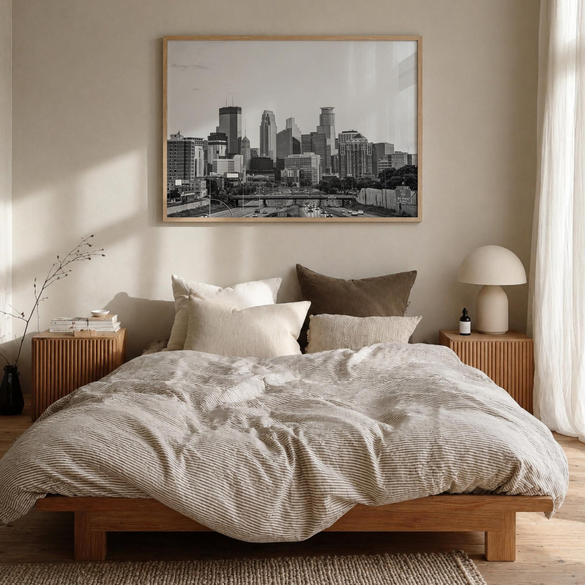 Minnesota black & white photo poster of United States – horizontal wall art in natural wood frame, hanging on wall
