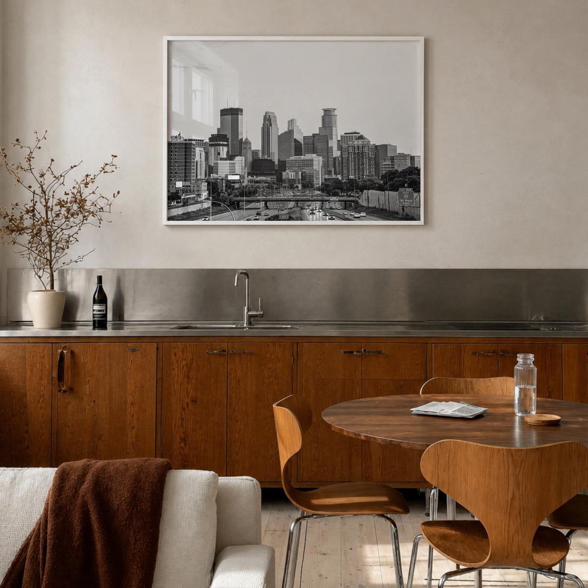 Minnesota black & white photo poster of United States – horizontal wall art in white wood frame, hanging on wall