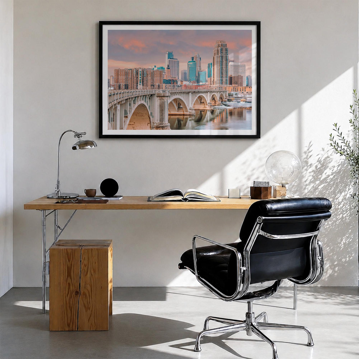 Minnesota colorful photo poster of United States – horizontal wall art in black wood frame with white border, hanging on wall
