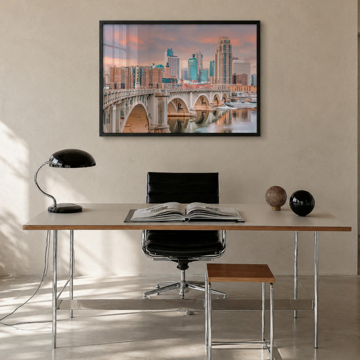 Minnesota colorful photo poster of United States – horizontal wall art in black wood frame, hanging on wall