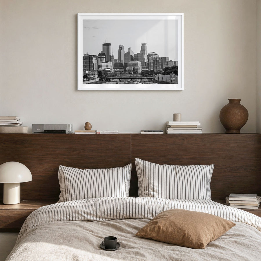 Minnesota Photo Poster in a white wood frame, hanging in a bedroom, white border