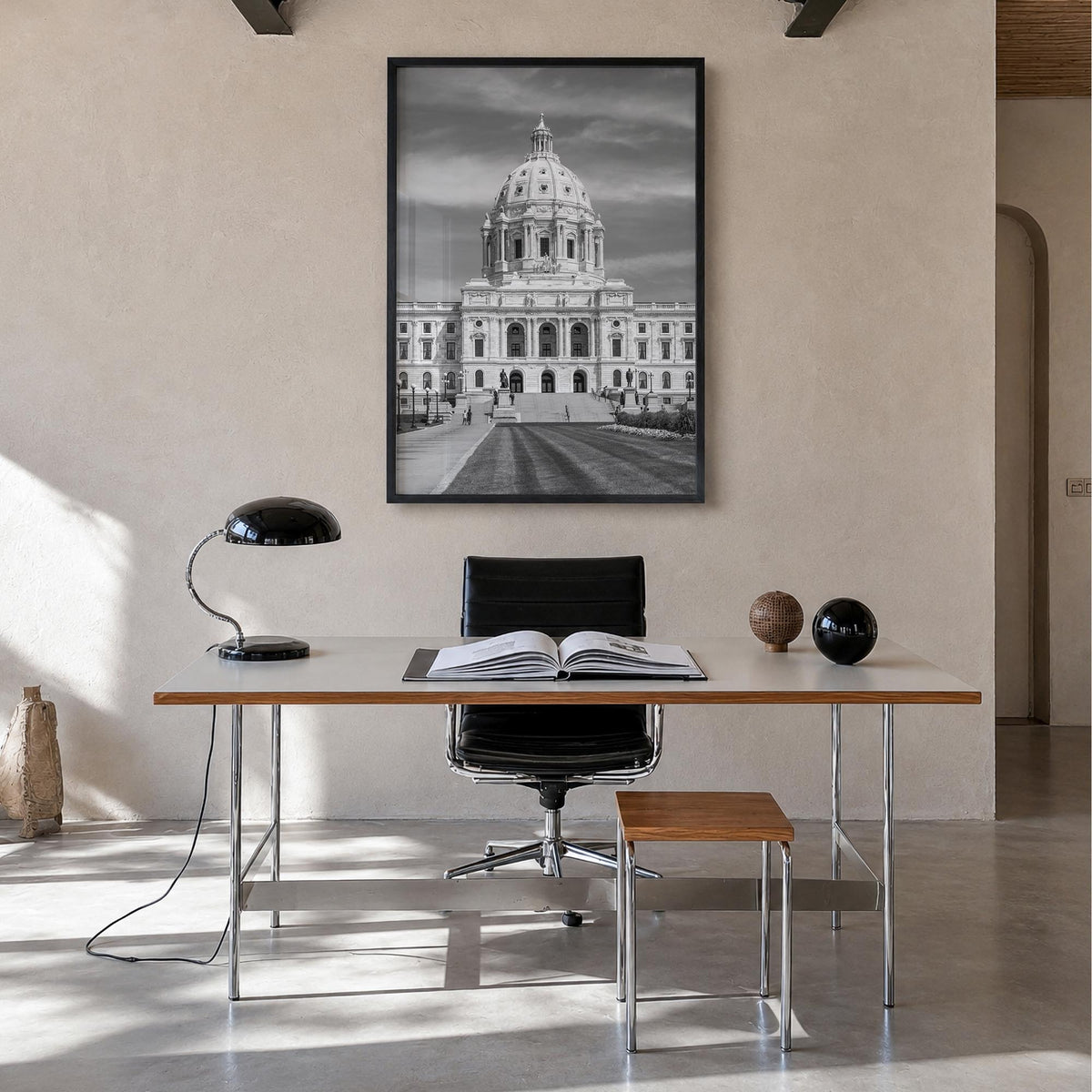 Minnesota no. 1 black & white photo poster of United States – vertical wall art in black wood frame, hanging on wall