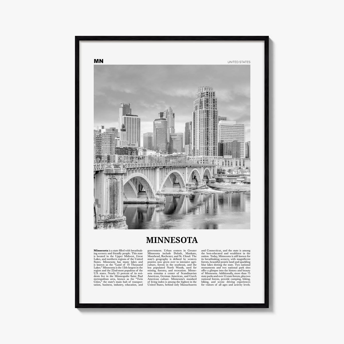 Minnesota no. 2 black & white newspaper poster of United States – vertical wall art, unframed print shown in interior mockup