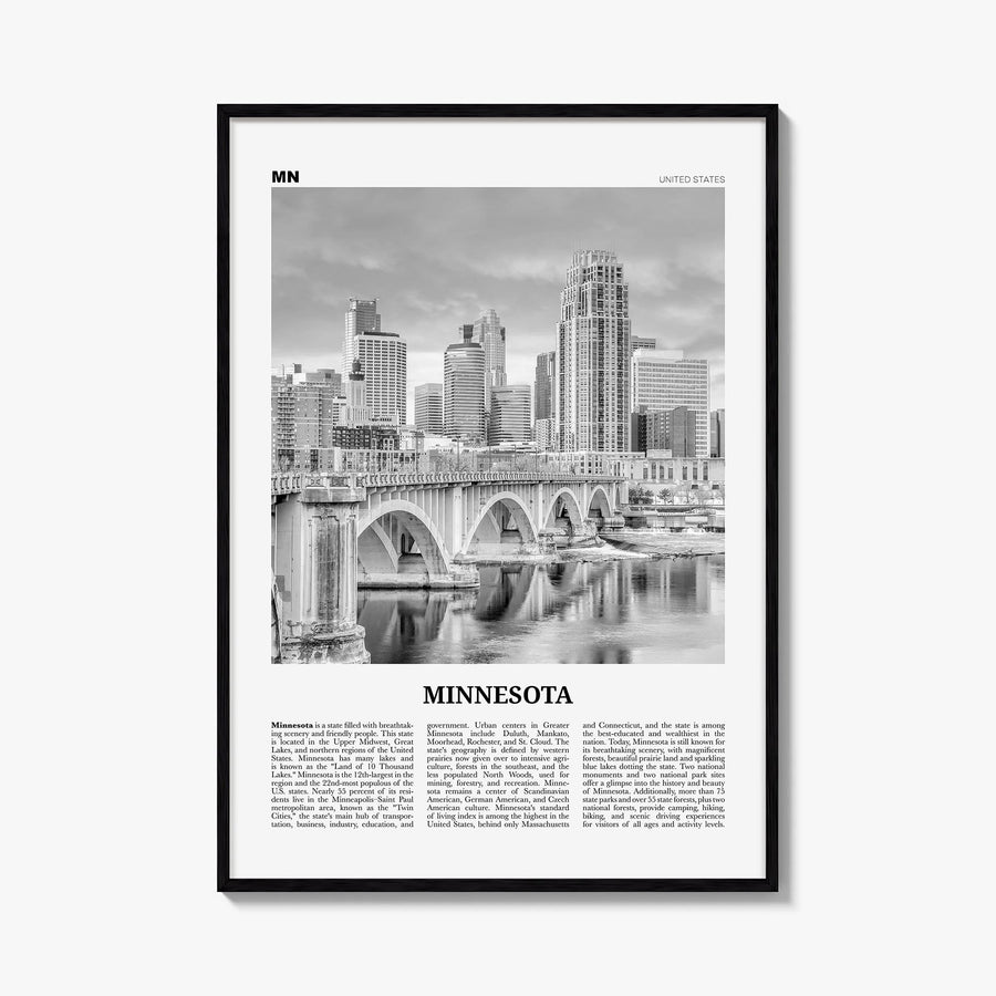 Minnesota no. 2 black & white newspaper poster of United States – vertical wall art, unframed print shown in interior mockup