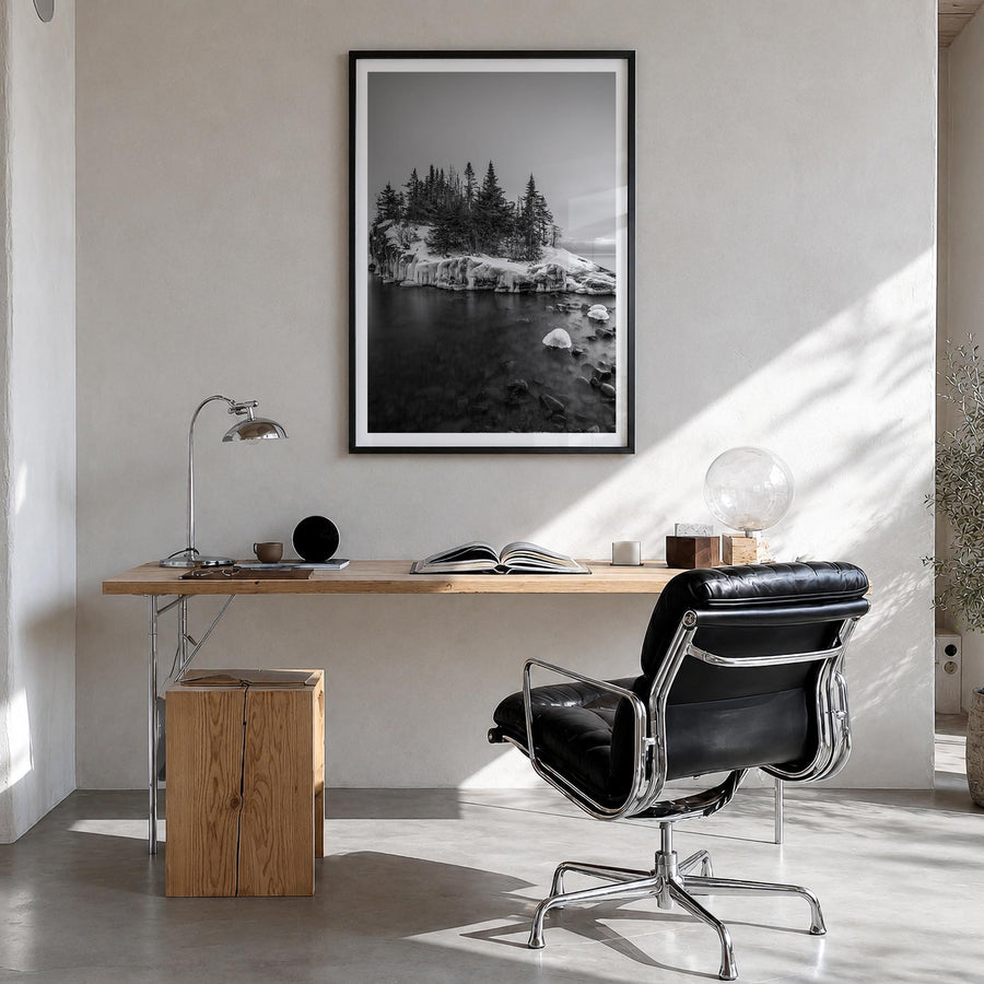 Minnesota no. 2 black & white photo poster of United States – vertical wall art in black wood frame with white border, hangin