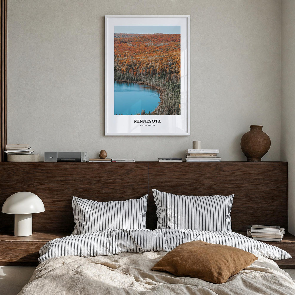Minnesota no. 2 colorful classic poster of United States – vertical wall art in white wood frame, hanging on wall