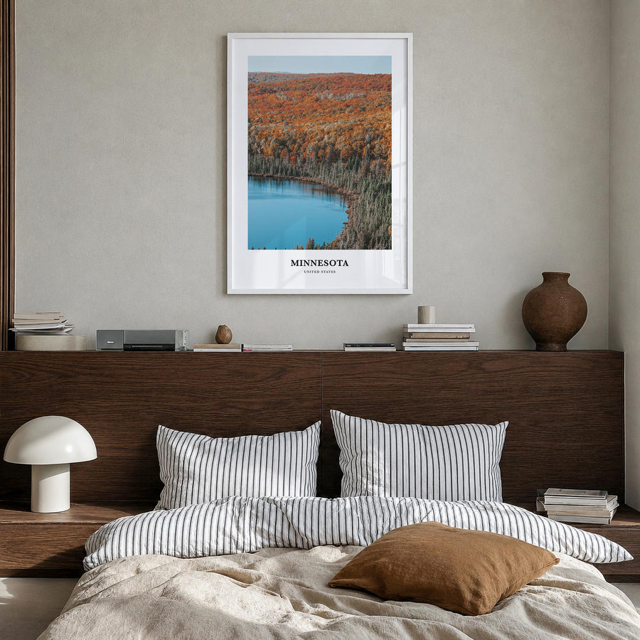 Minnesota no. 2 colorful classic poster of United States – vertical wall art in white wood frame, hanging on wall