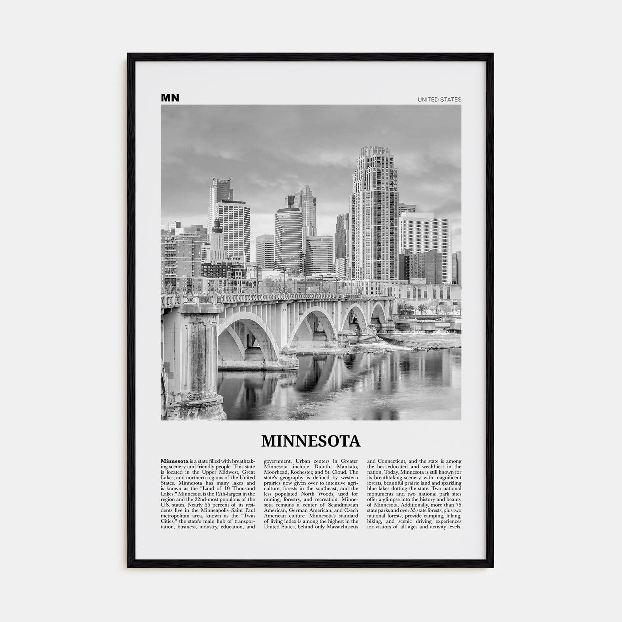 Minnesota No 2 Poster Black Wood / 8x12 in Nbourhood Travel B&W Poster