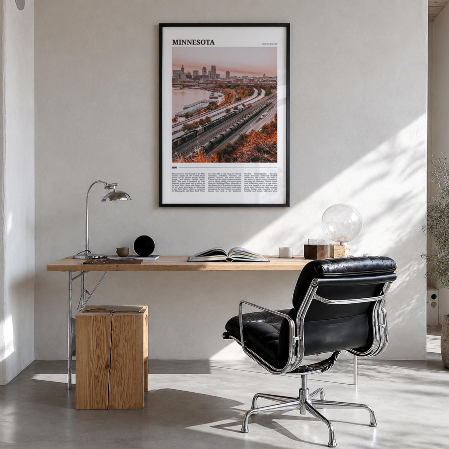 Minnesota no. 3 colorful travel poster of United States – vertical wall art in black wood frame, hanging on wall