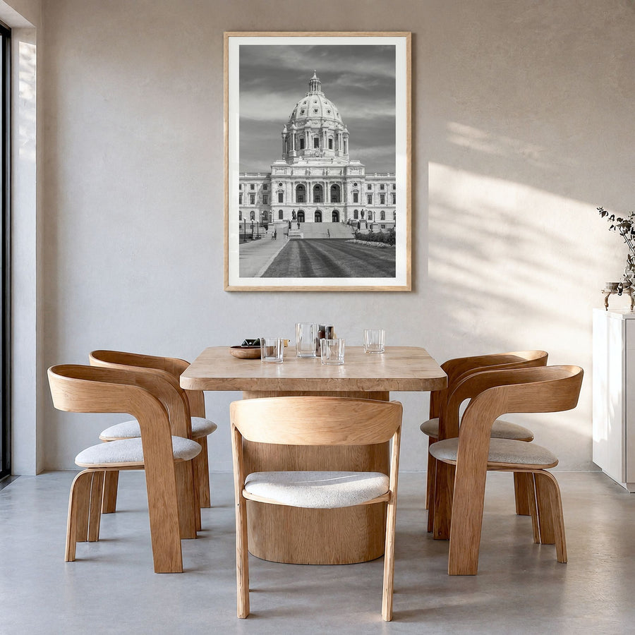 Minnesota Photo No 1 Poster in a natural wood frame, hanging in a dining room, white border