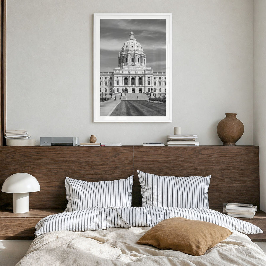 Minnesota Photo No 1 Poster in a white wood frame, hanging in a bedroom, white border