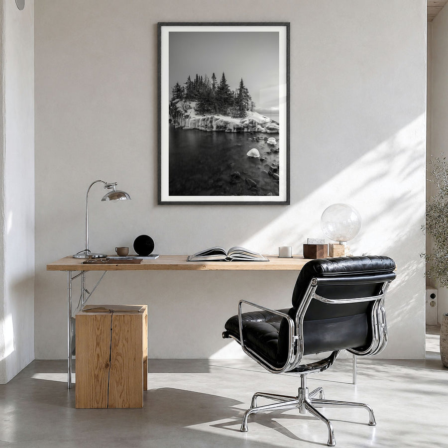 Minnesota Photo No 2 Poster in a black wood frame, hanging in a bright home office, white border