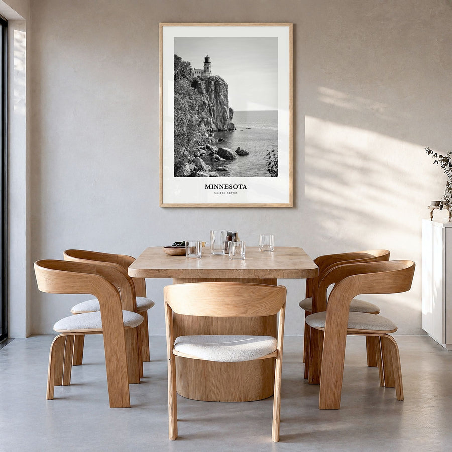Minnesota Classic Poster in a natural wood frame, hanging in a dining room