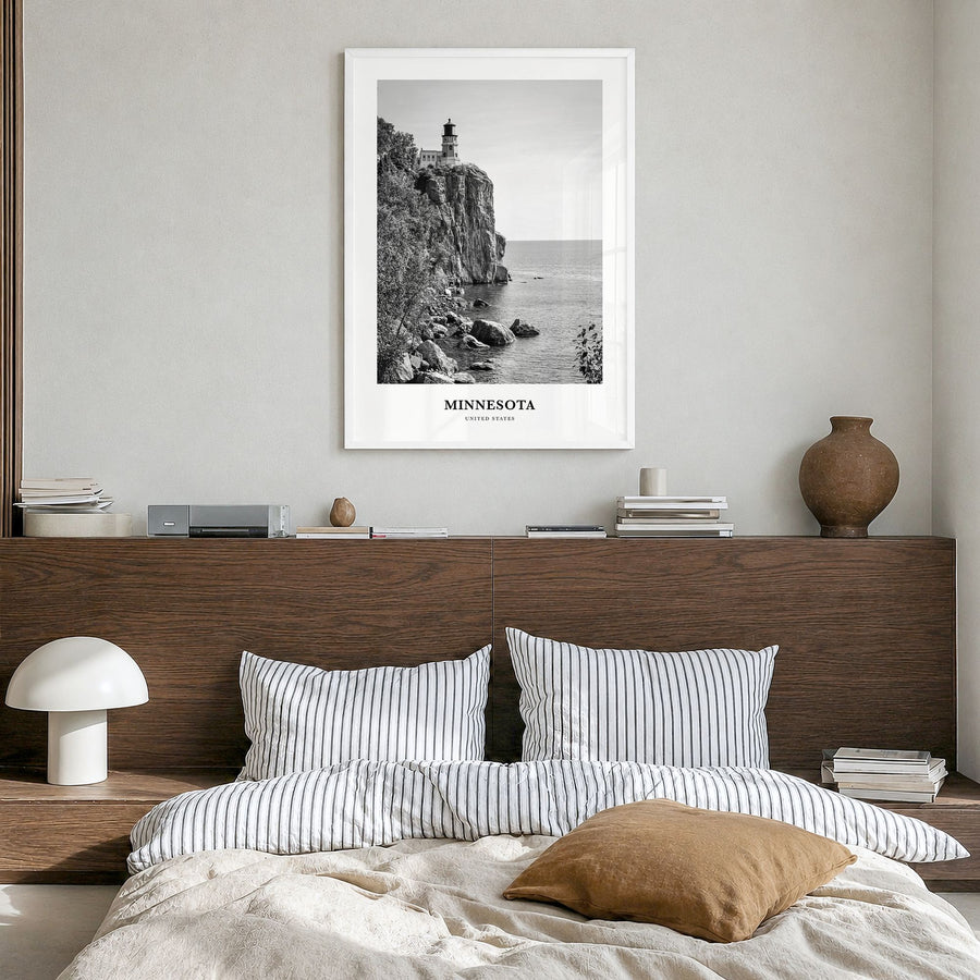 Minnesota Classic Poster in a white wood frame, hanging in a bedroom