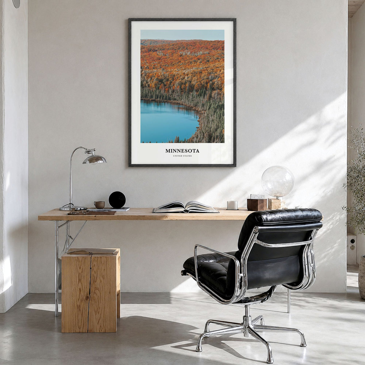 Minnesota Classic No 2 Poster in a black wood frame, hanging in a bright home office