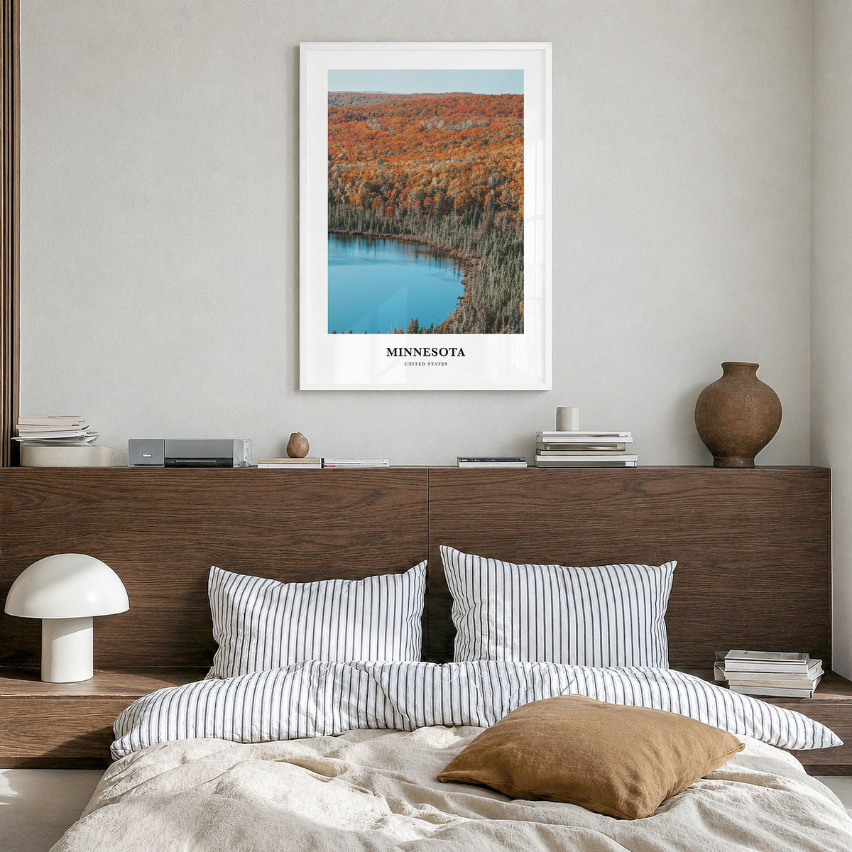 Minnesota Classic No 2 Poster in a white wood frame, hanging in a bedroom