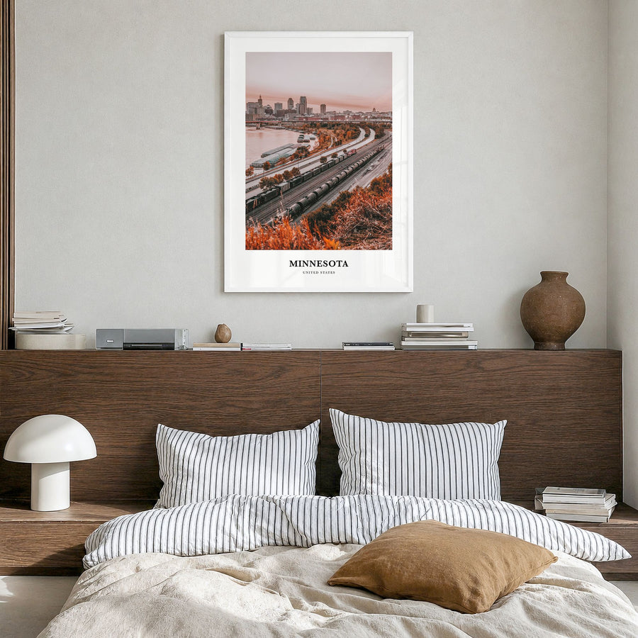 Minnesota Classic No 3 Poster in a white wood frame, hanging in a bedroom