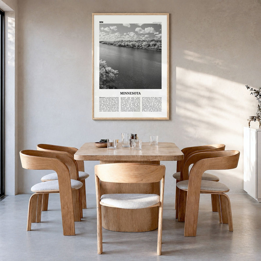 Minnesota Newspaper No 4 Poster in a natural wood frame, hanging in a dining room