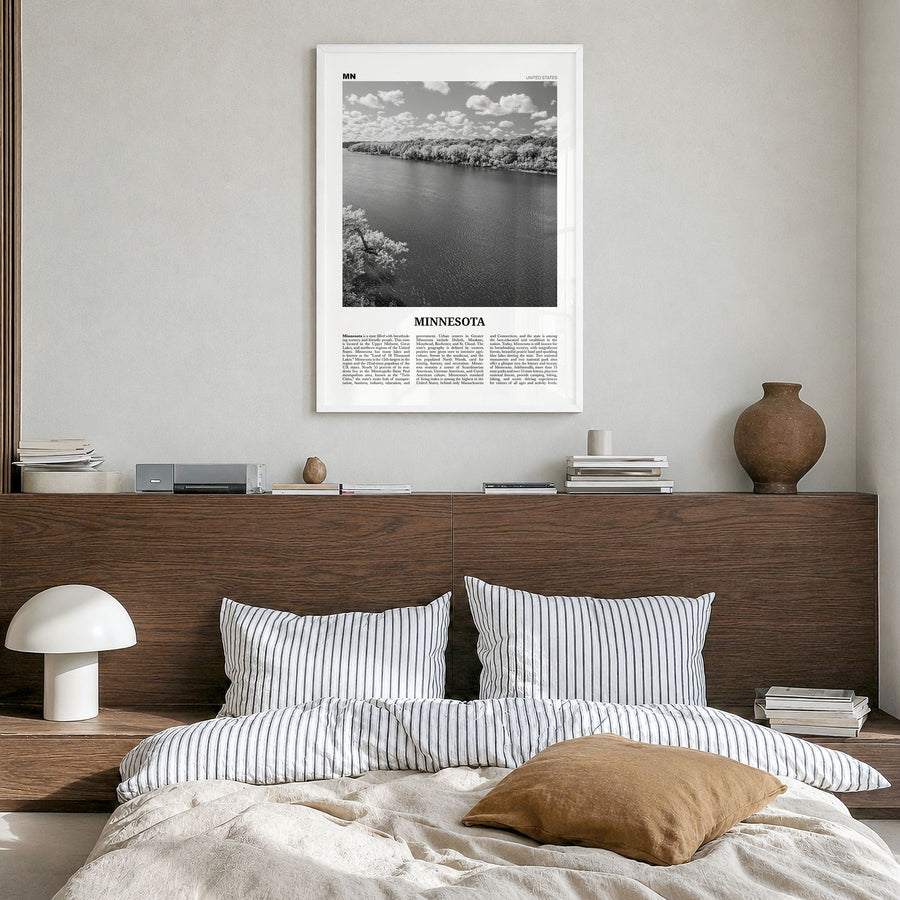 Minnesota Newspaper No 4 Poster in a white wood frame, hanging in a bedroom