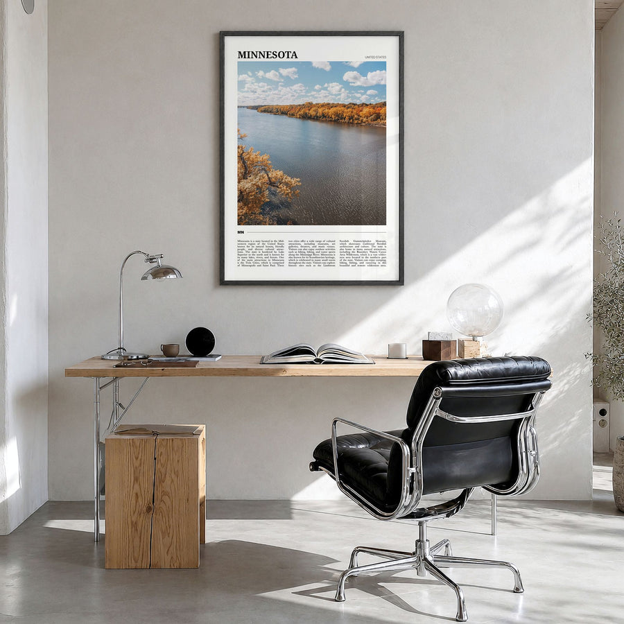 Minnesota Travel No 1 Poster in a black wood frame, hanging in a bright home office