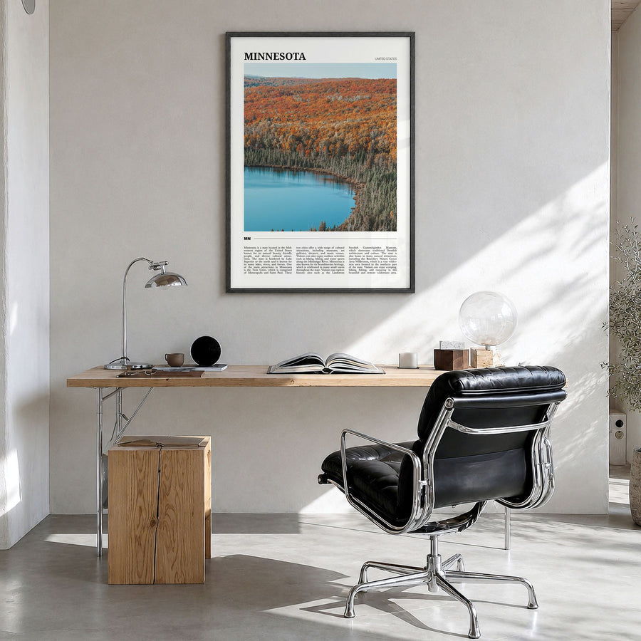 Minnesota Travel No 2 Poster in a black wood frame, hanging in a bright home office