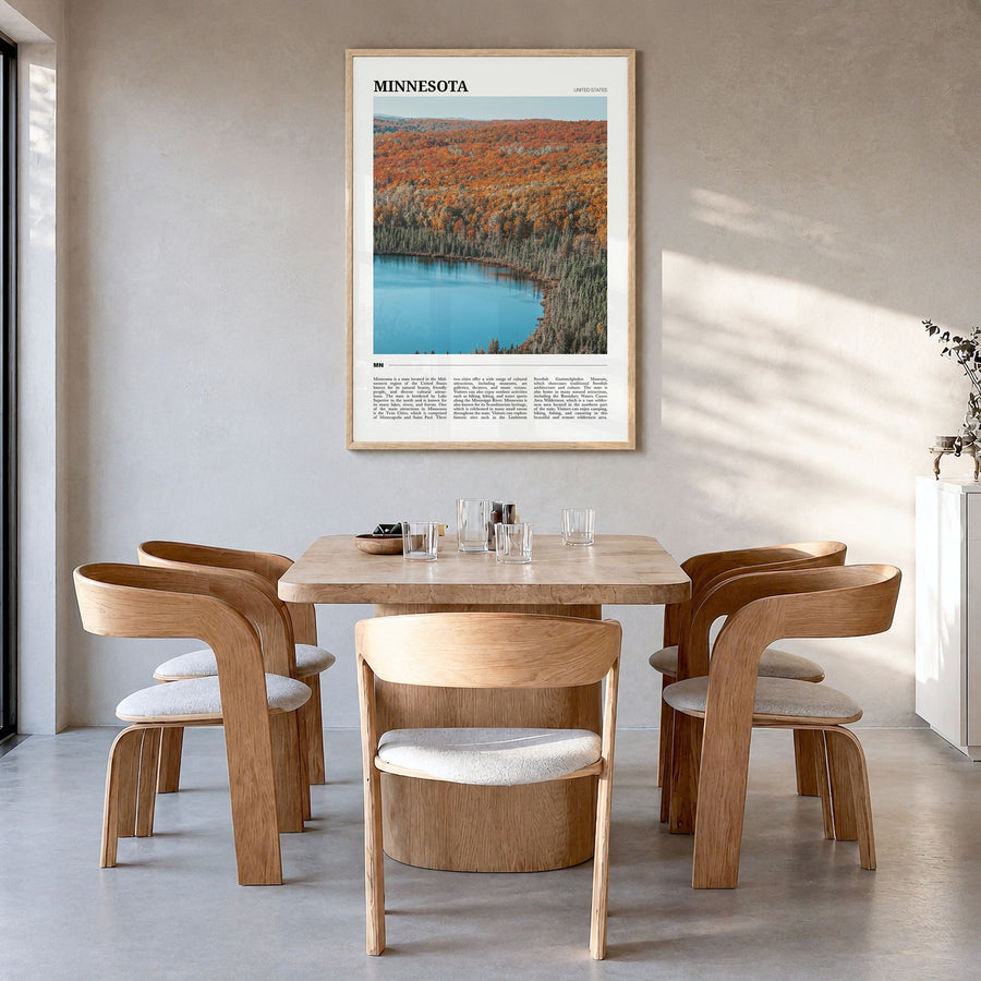 Minnesota Travel No 2 Poster in a natural wood frame, hanging in a dining room