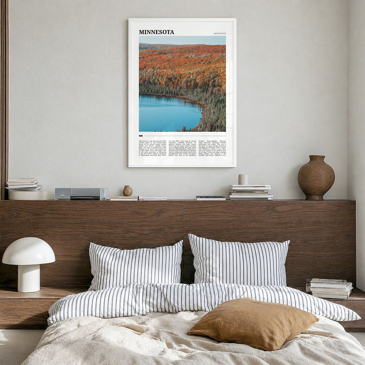 Minnesota Travel No 2 Poster in a white wood frame, hanging in a bedroom