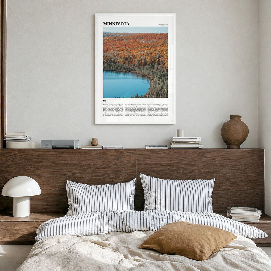 Minnesota Travel No 2 Poster in a white wood frame, hanging in a bedroom