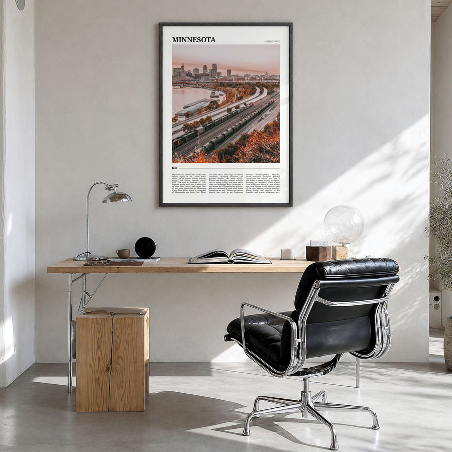 Minnesota Travel No 3 Poster in a black wood frame, hanging in a bright home office