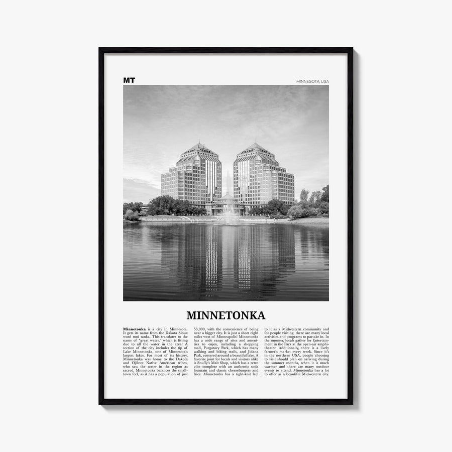 Minnetonka black & white newspaper poster of Minnesota, USA – vertical wall art, unframed print shown in interior mockup