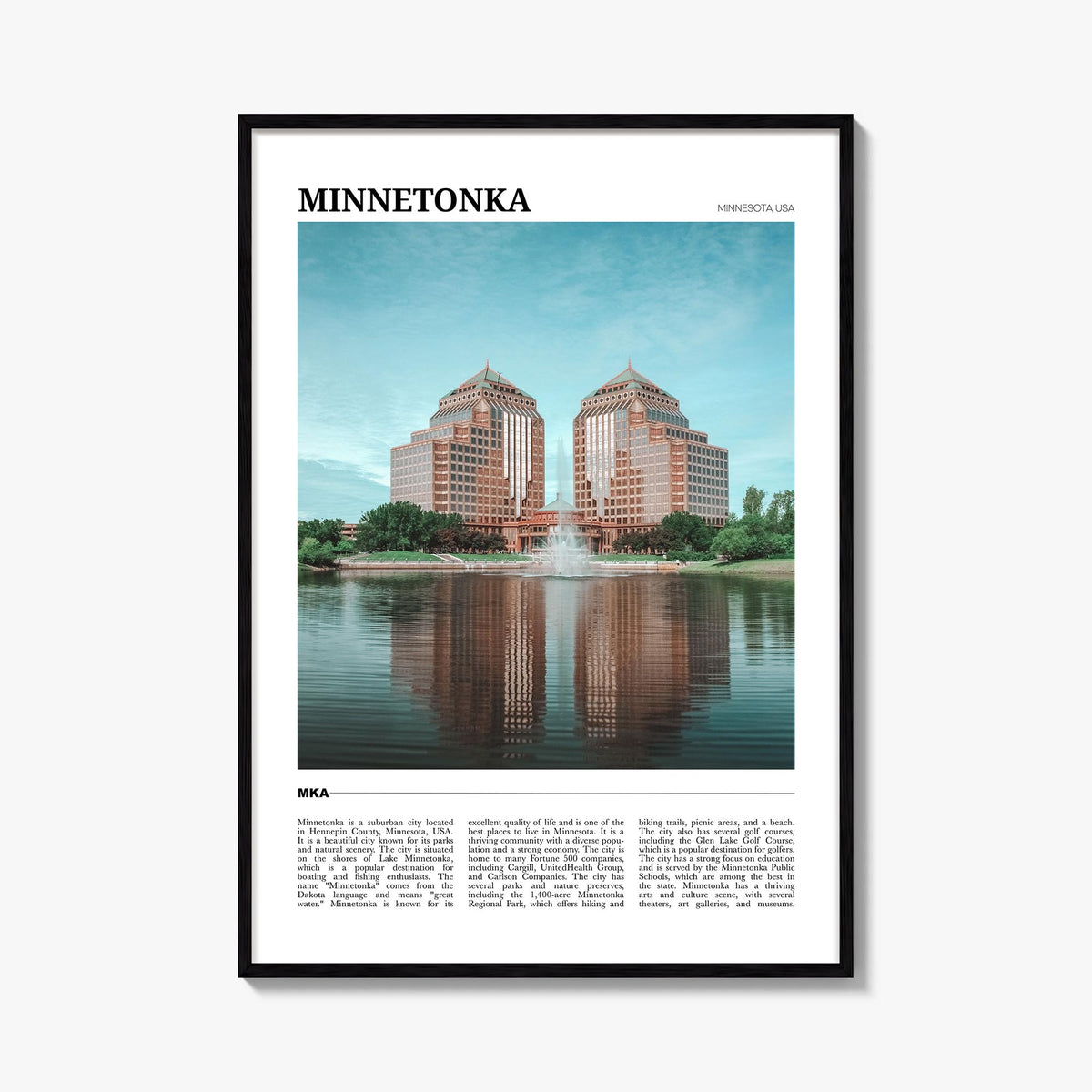 Minnetonka colorful travel poster of Minnesota, USA – vertical wall art, unframed print shown in interior mockup