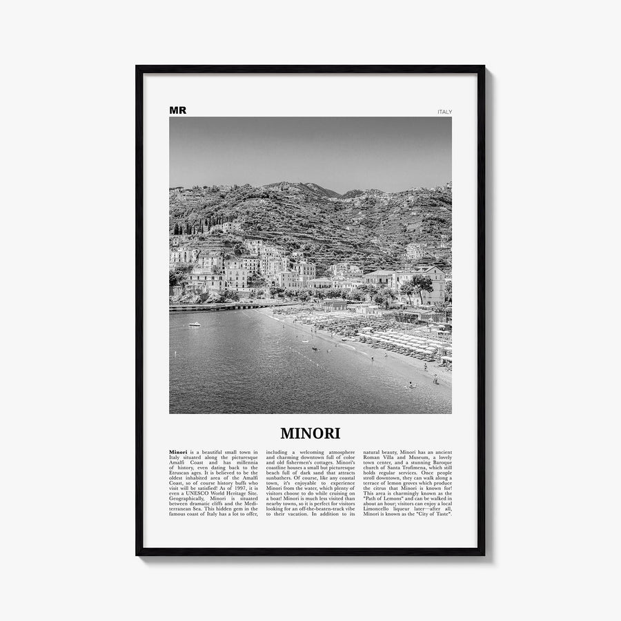 Minori black & white newspaper poster of Italy – vertical wall art, unframed print shown in interior mockup