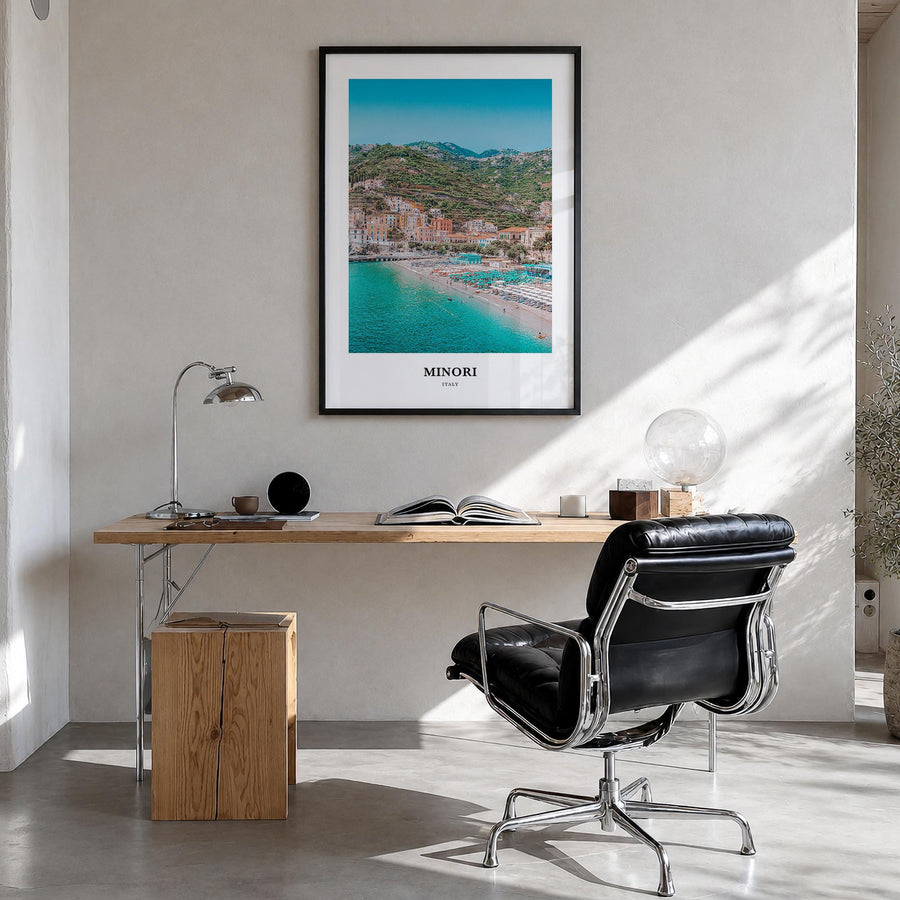 Minori colorful classic poster of Italy – vertical wall art in black wood frame, hanging on wall