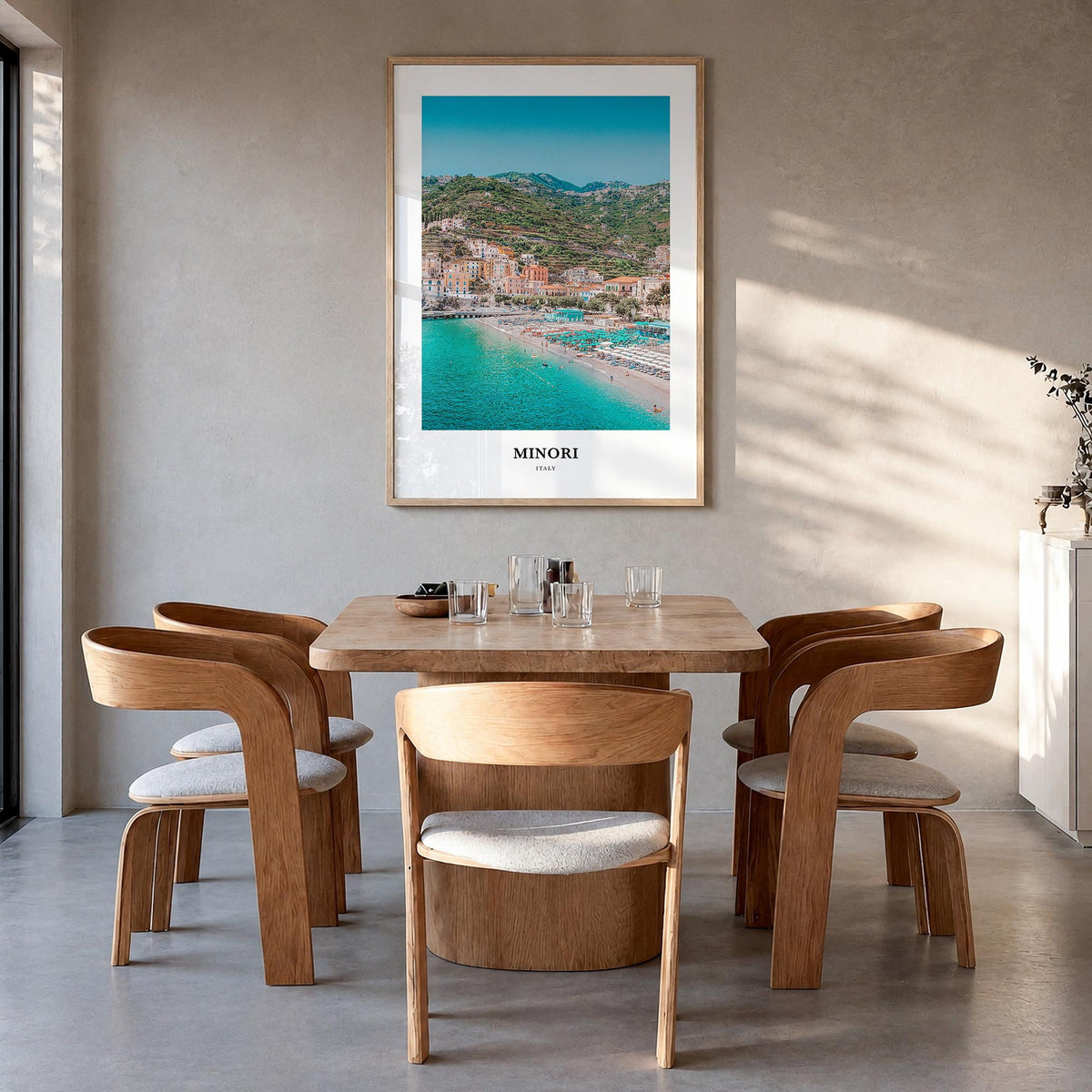 Minori colorful classic poster of Italy – vertical wall art in natural wood frame, hanging on wall