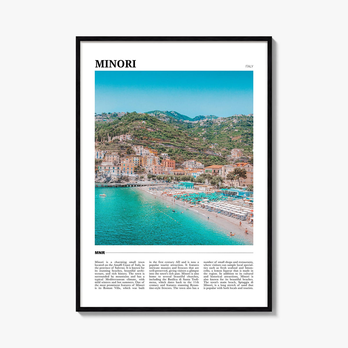 Minori colorful travel poster of Italy – vertical wall art, unframed print shown in interior mockup